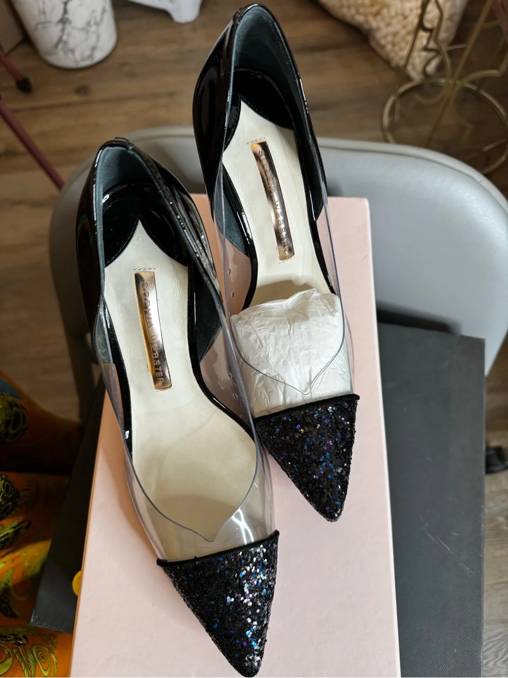 Black Pointed Clear Panel Glitter Toe Stiletto Pump